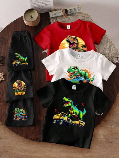 Set de 6 piezas de camiseta de manga corta y pantalones cortos con estampados gráficos de atardecer, palmera, dinosaurio, camión, pintura salpicada y eslogan para niños pequeños, estilos de verano cómodos y frescos para uso diario
