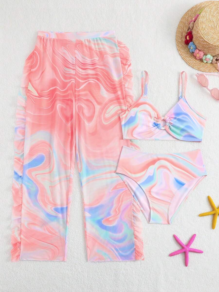 SHEIN 少女比基尼套装，可爱橙色波纹针织面料，分体式三件套，长纱裤，肩带缠绕白色圆圈，三角裤，长纱裤，时尚休闲，精致华丽，适合游泳，适合夏季度假、海滩、游泳池、夏季派对、休闲度假。少女三件套比基尼带罩裤，比基尼套装带薄纱裤，两件套泳装带裤子，比基尼套装带沙滩裤，两件套沙滩装，少女泳装套装，少女三件套泳装，少女三件套沙滩装，比基尼带纱笼裙。 - 彩色 - 查看 1