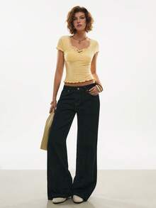 Poéselle 女士休闲T恤，弹力针织面料，浪漫蕾丝领，镂空刺绣，荷叶边袖口下摆，日常及约会必备，情人节佳选，春夏皆宜，黄色夏季上衣 - 黃色 - 查看 5