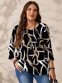 EMERY ROSE Blus Wanita Ukuran Besar Elegan dengan Motif Geometris Abstrak, Kasual, Potongan Longgar, Leher Bulat, Lengan 3/4, Cocok untuk Liburan Musim Semi - MultiWarna - View 5