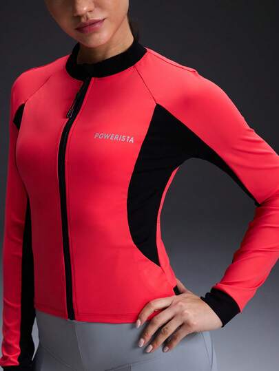 Powerista 女士撞色滚边字母印花拉链前开长袖骑行服