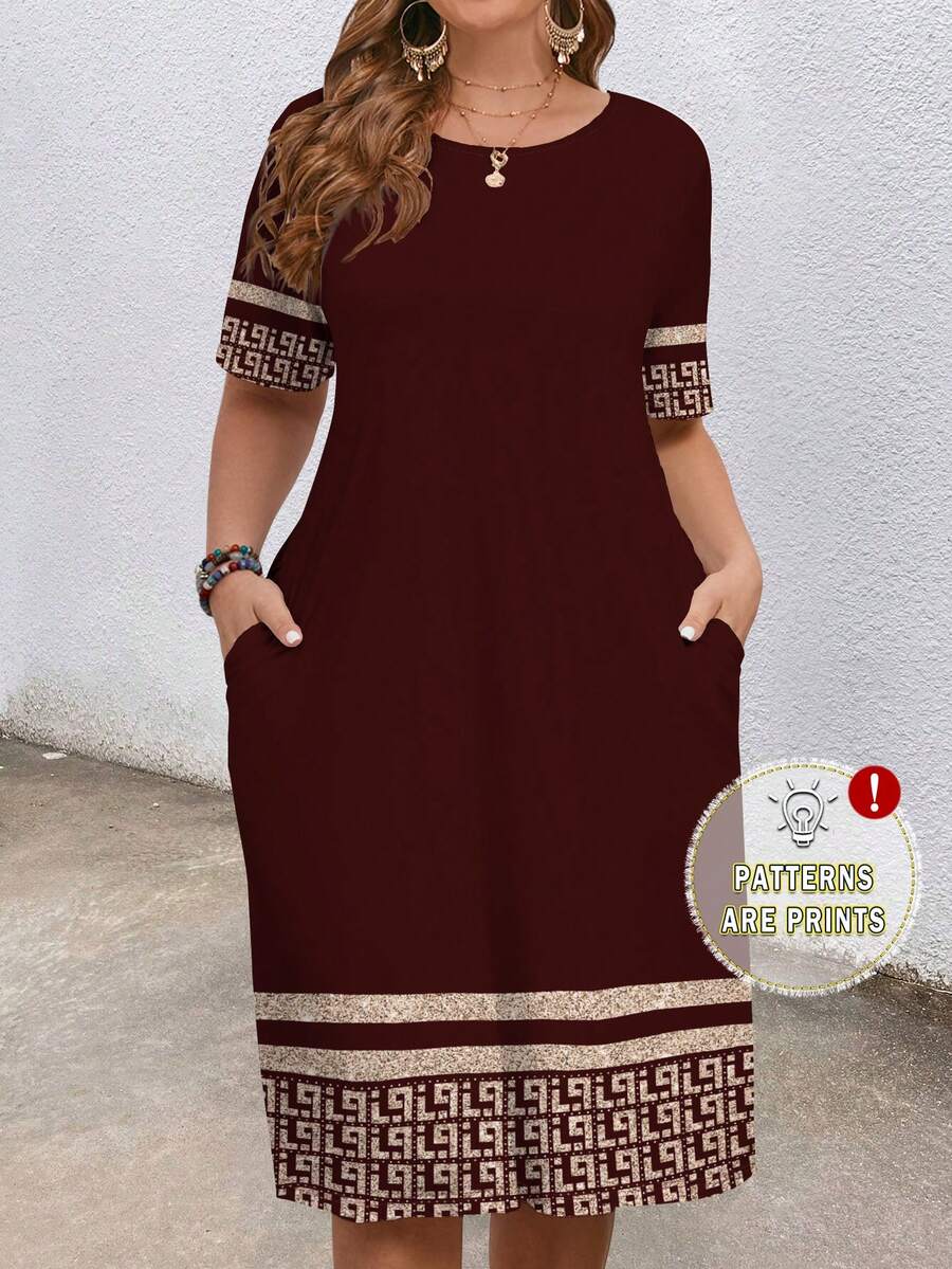 EMERY ROSE Plus Size Women Geometric Print Round Neck Short Sleeve Pocket Casual Dress Spring - Brown - View 1
