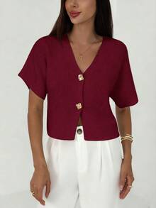 Aloruh 女士金属单排扣短袖休闲薄款开衫 - 酒紅色 - 查看 6