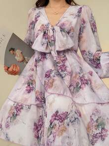 DAZY 法式粉色碎花V领长袖连衣裙，系带雪纺A字迷你裙，春季吊带裙 - 杏色 - 查看 7