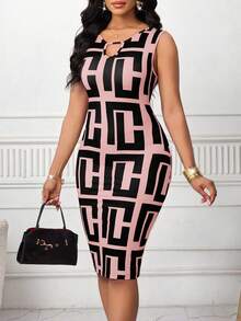 SHEIN Lady 夏季时尚通勤几何印花无袖修身连衣裙 - 粉色 - 查看 7