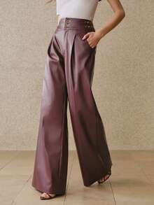 Savoree Fashionable High Waist Wide Leg Loose Fit Flared Pants With Custom Buckle Belt, PU Leather, Autumn/Winter - Burgundy - View 6