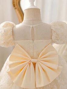 SHEIN Glamorique Kids 女婴碎花选美礼服，公主生日派对礼服，杏色碎花，蝴蝶结露背，可爱，四季皆宜，优雅 - 杏色 - 查看 3