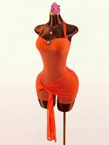 Amplova 2026 Early Spring New Arrival Low-Cut Shell Metal Accessory Front Tie Hem Women Mini Dress - Orange - View 1