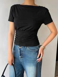 Siren Gaze Black Deep Draped Neck Backless Short Sleeve Top, Draped Collar Elegant Women's Top Fitted Tops Casual Tops Cotton Clothing Woman Low Rise Jeans Y2k Crop Tops Women Tshirt - Black - View 5