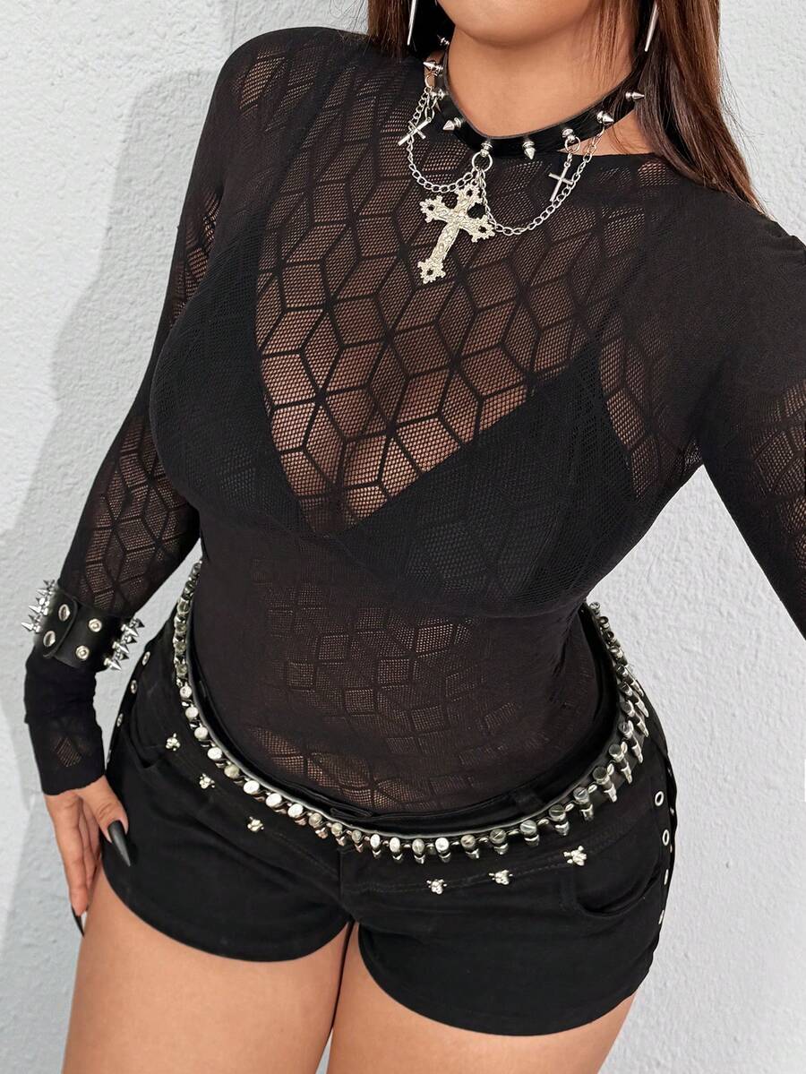 Whyspr Body transparent din plasă geometrică, stil gotic sexy, mărime mare, stil stradal la modă, primăvară/vară - Negru - Vizualizare 1