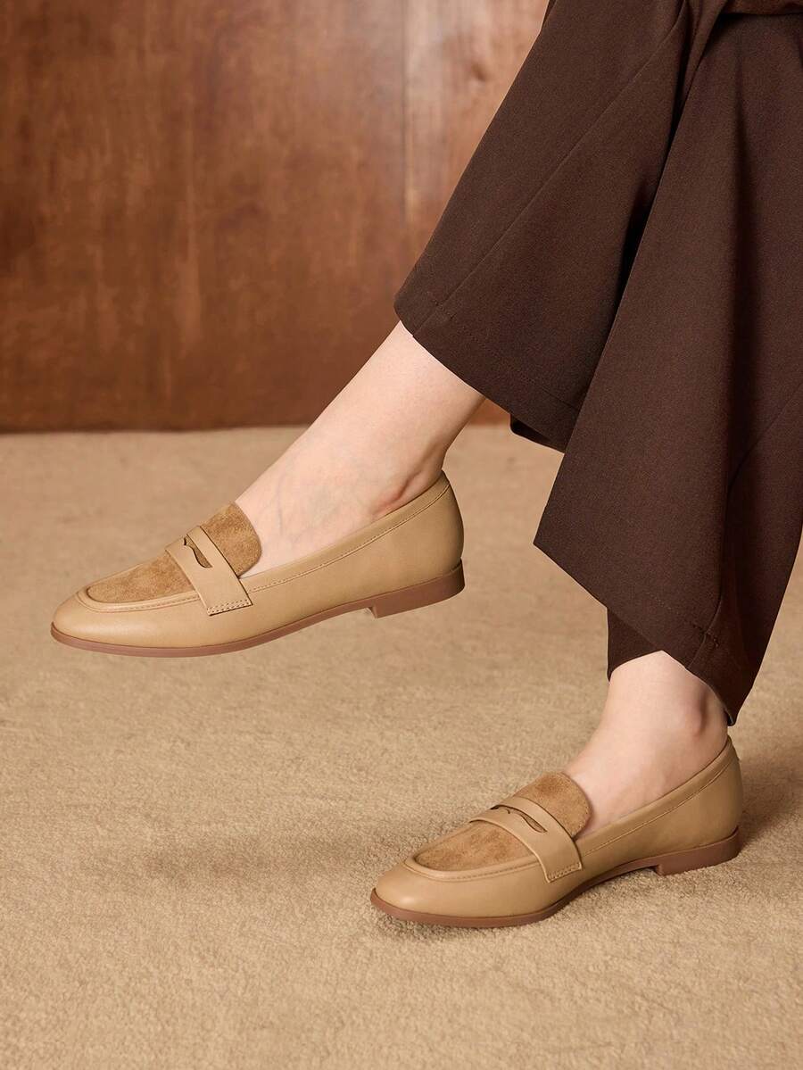 MOTF PREMIUM WOMEN'S CASUAL & OFFICE COMMUTE PU LEATHER CONTRAST SUEDETTE FLATS SPRING SHOES - Khaki - View 2
