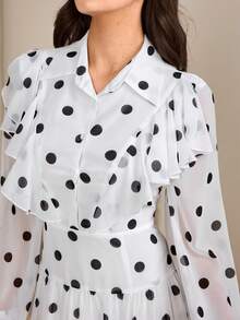Graceveil 女士优雅通勤雪纺波点连衣裙，秋季 - 白色 - 查看 5