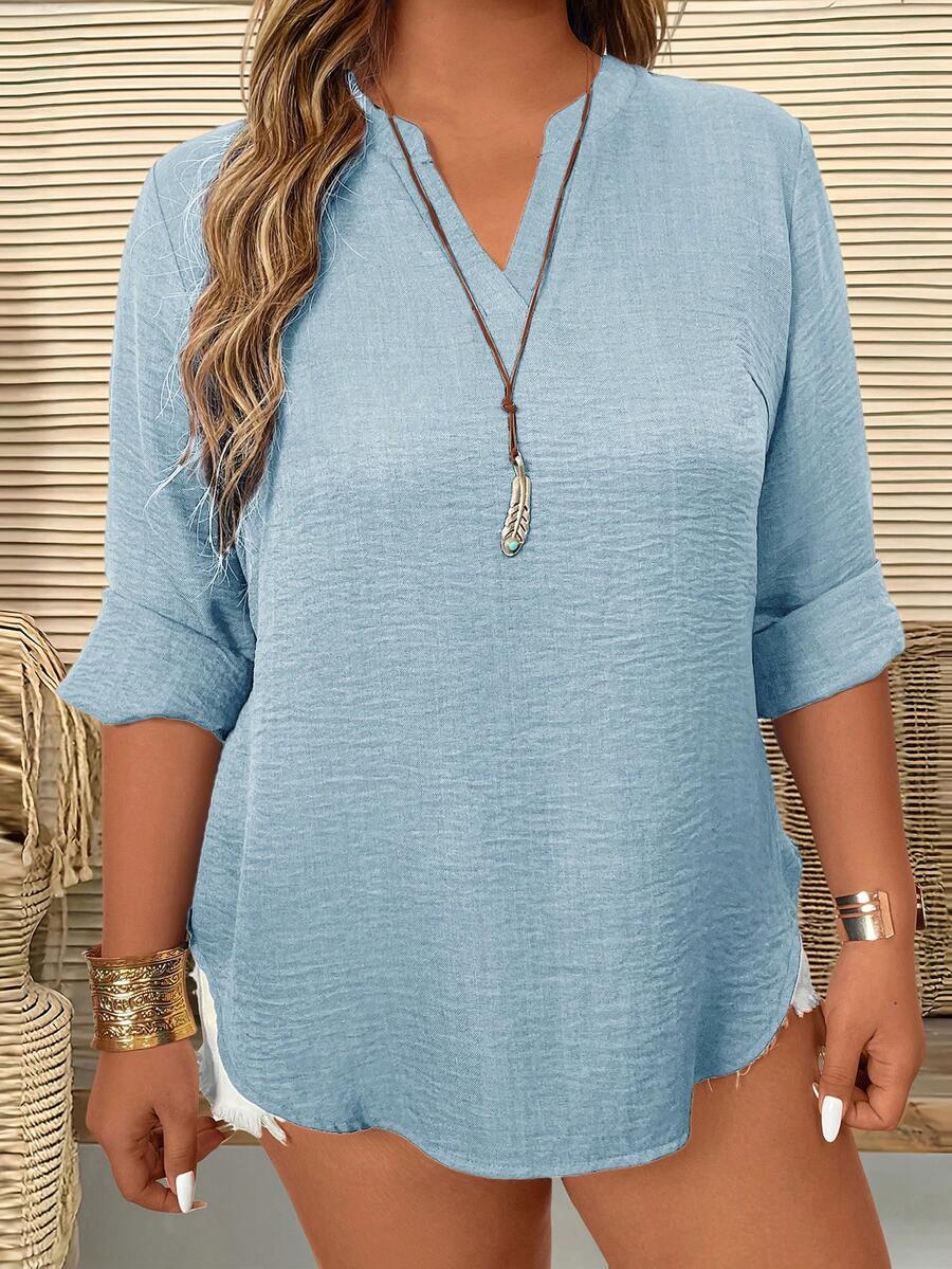 SHEIN LUNE 大码女式纯色V领长袖休闲宽松衬衫 - 淺藍色 - 查看 1