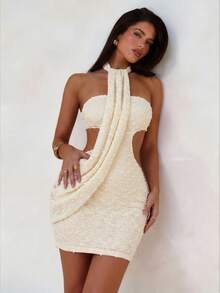 Aloruh Women's Spring/Summer Vacation Wrap Asymmetric Flowy Textured Fabric Bodycon Mini Dress - Apricot - View 2