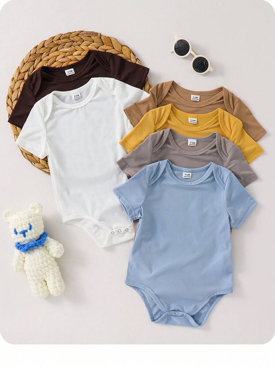 Bộ 6 món áo liền quần ngắn tay màu trơn cho bé trai/bé gái sơ sinh, thoáng khí và dễ thương, thích hợp để mặc lót hoặc mặc ngoài vào mùa xuân/hè. - Nhiều màu - Xem 1