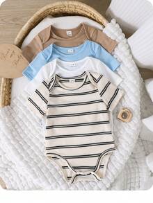 4pcs/Set Baby Boy/Girl Cute Knitted Elastic Striped Short Sleeve Rompers, Basic Bodysuits, Spring/Summer - Multicolor - View 1