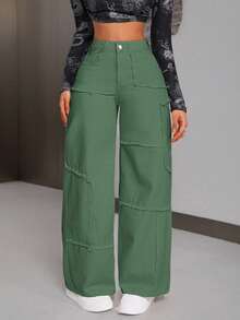 SHEIN Tall Women's Casual Fashion Street Loose Frayed Hem Wide Leg Jeans - Green - View 3