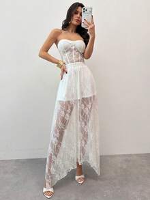 Firerie Chân váy nữ thanh lịch với eo chun, ren hoa, vạt bất đối xứng. - trắng - Xem 8