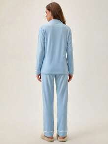 Loomlin Classic Button Front Pajama Set – Soft Long Sleeve Top & Comfy Straight Leg Pants Loungewear - Baby Blue - View 2