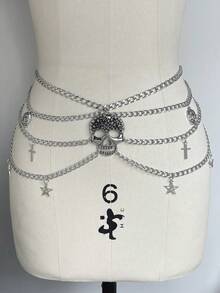 ROMWE 1pc Women Gothic Style Silver & Black Cross Layered Chain Waist Chain Dress Accessory, Versatile Daily, Halloween - Silver bilateral chain belt - View 7