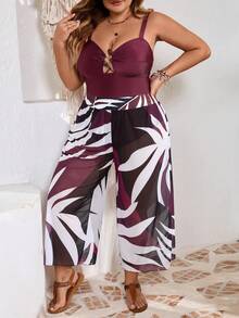 SHEIN CURVE+ Plus Size Women Chest Decor Design Beach Vacation One-Piece Swimsuit - Burgundy - View 5