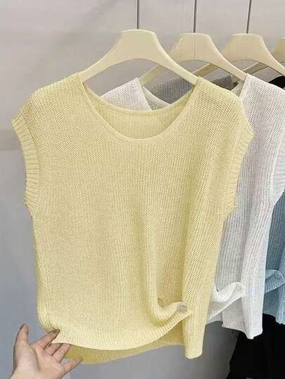 Nubod 2026 Plus Size Women's Fashion Casual Minimalist Yellow Sweater Vest With Semi-Sheer Waist And Button Design, Sleeveless, Perfect For Spring And Summer Outfits