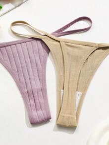 10pcs/Pack Women's Solid Color Ribbed Sexy Everyday Thong Panties - Multicolor - View 6
