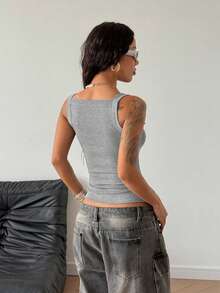 StreetHx Petite Women's Fashionable Grey Metallic Button Knit Tank Top - Grey - View 2