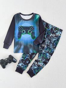 THE HAPPY LOOK 两件套男童夜光游戏手柄印花紧身睡衣套装，长袖上衣和松紧腰裤 - 彩色 - 查看 3