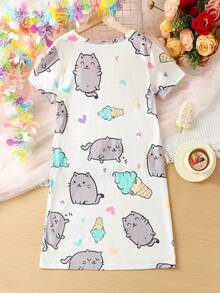Tween Girls' Cute Cartoon Printed Short Sleeve Loose Sleep Dress, Homewear