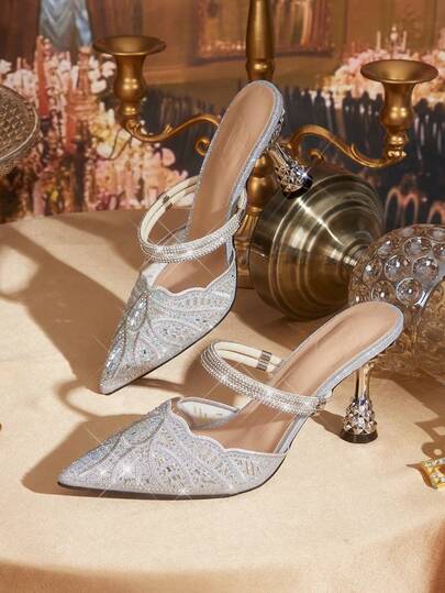 CUCCOO TILAWA Women's Fashion Glitter Embellished Pointed Toe High Heels Pumps With Rhinestone Decor, Suitable For Spring And Autumn