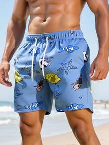 Manfinity Swimmode 男士松紧腰抽绳休闲海星热带鱼印花沙滩短裤 - 彩色 - 查看 5