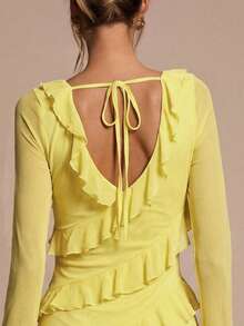SHEIN BAE Women's Solid Color V-Neck Ruffle Trim Tie Front Fashion Date Party Mini Dress - Yellow - View 2
