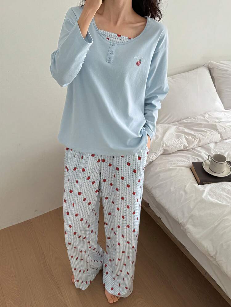 2pcs Women Strawberry Pattern Patchwork Loose Long Sleeve Pullover And Pants Pajama Set
