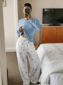 DAZY 2 piezas Conjunto de ropa de dormir de punto ajustado de unicolor con estampado de elementos marinos en toda la superficie para mujeres - Azul - Ver 4
