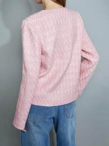 Maija 女士粉色珍珠提花蝴蝶结装饰纽扣点缀宽松翻领长袖开襟优雅休闲/商务外套，百搭舒适，适合所有季节，是情人节的理想之选。 - 粉色 - 查看 6