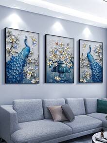 3D立体插图，包含3幅蓝色孔雀和花瓶图案，展现植物和花卉的三维效果，艺术帆布画，适用于客厅和卧室，可重复使用，可拆卸墙面装饰，无框画。 - 彩色 - 查看 4