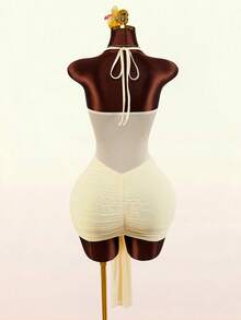 Amplova 浪漫黄色春假露背前扭结倒V领开衩迷你连衣裙（女款） - 淡黃色 - 查看 6