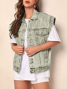 SHEIN Frenchy Áo khoác denim không tay vai rộng, kiểu dáng vintage, phong cách thường ngày. - màu xanh lá - Xem 5