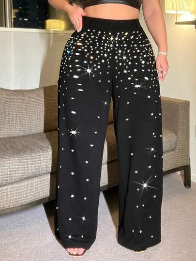 SHEIN CURVE+ Plus Size Sexy Pearl Decor Casual Versatile Slim Pants