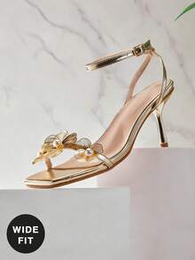 SHUZIA 女士宽楦花朵装饰细高跟凉鞋，日常派对性感沙滩优雅金属PU金色高跟凉鞋，宽楦 - 金色 - 查看 5