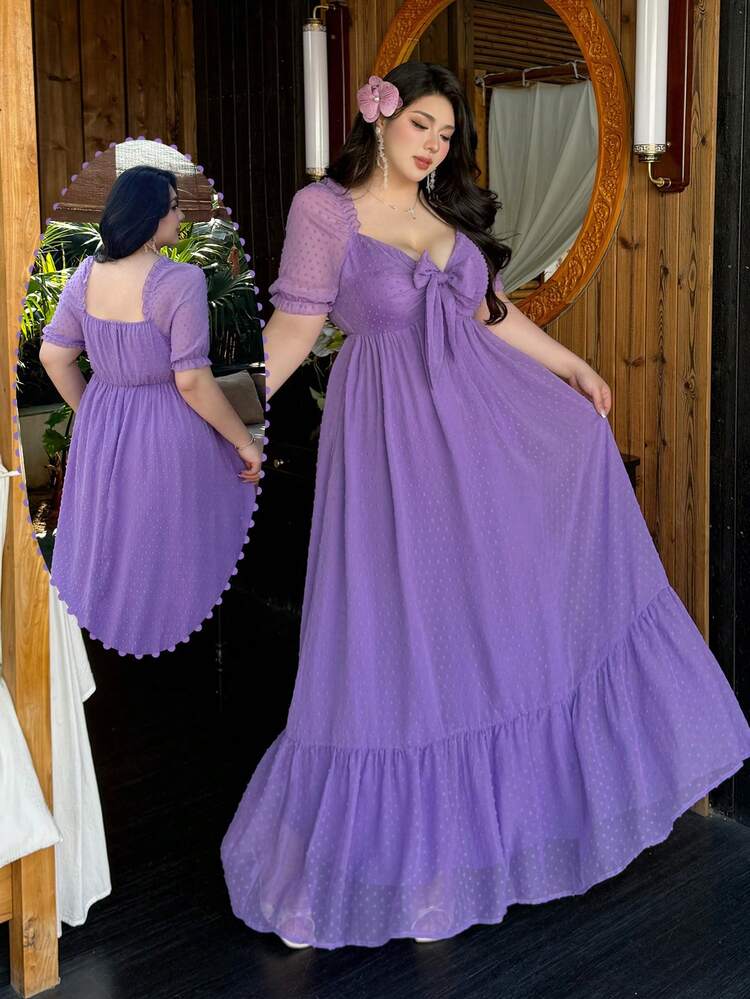 Vibekara Vestido de mujer de talla grande con diseño de giro para primavera y verano, vestido elegante y romántico de gasa jacquard con textura y manga corta, adecuado para boda, vestido formal, vestido largo de verano, vestido de ajuste relajado - Morado - Añade 4