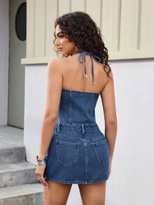 SHEIN EZwear V领露背系带修身时尚Y2K牛仔连衣裙（女款） - 中等水洗藍 - 查看 2