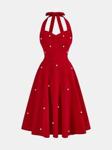 SHEIN Vestido elegante con cuello de halter con cuentas para niñas preadolescentes - Rojo - Ver 9