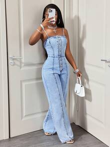 BamGleam Mono de mezclilla con botones delanteros y tirantes para mujer - Azul - Ver 4