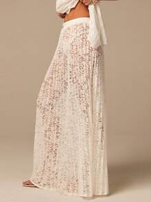 COSMINA Women's Elastic Waist Floral Lace Ruffle Fashionable Sexy Skirt, Elegant Ladies Skirt, Lace Pleated Skirt, White Skirt, Sexy Sheer Skirt, Summer Vacation Lace Skirt, Beach Skirt - White - View 2