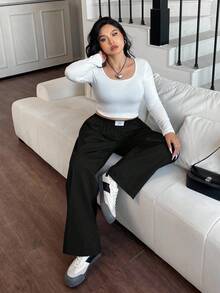 SHEIN EZwear 大码女式黑色字母印花宽松休闲阔腿裤 - 黑色 - 查看 7