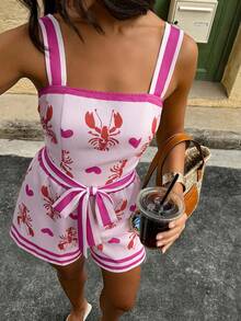 Breezaya 1 bộ áo liền quần nữ họa tiết trái tim kẻ sọc, cạp chun, dáng chữ A, thoải mái, phong cách thường ngày, thích hợp cho mùa xuân/hè. - Hồng - Xem 4