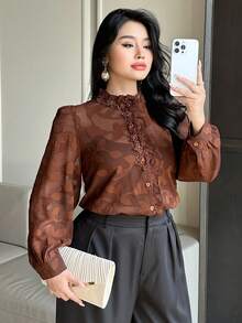 Dazy Plus Plus Size Women's Floral 3D Cutout Decor Puff Sleeve Elegant Blouse - Khaki - View 2