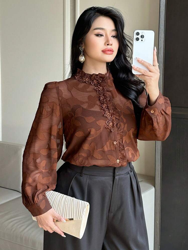 Dazy Plus Plus Size Women's Floral 3D Cutout Decor Puff Sleeve Elegant Blouse